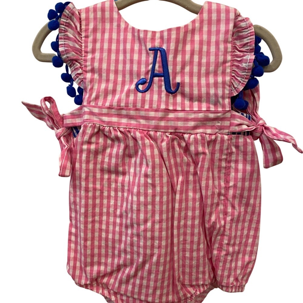 Whimsy Pink Gingham Bubble Romper‎ Blue Letter A Pom Pom Trim Baby Girl 12M